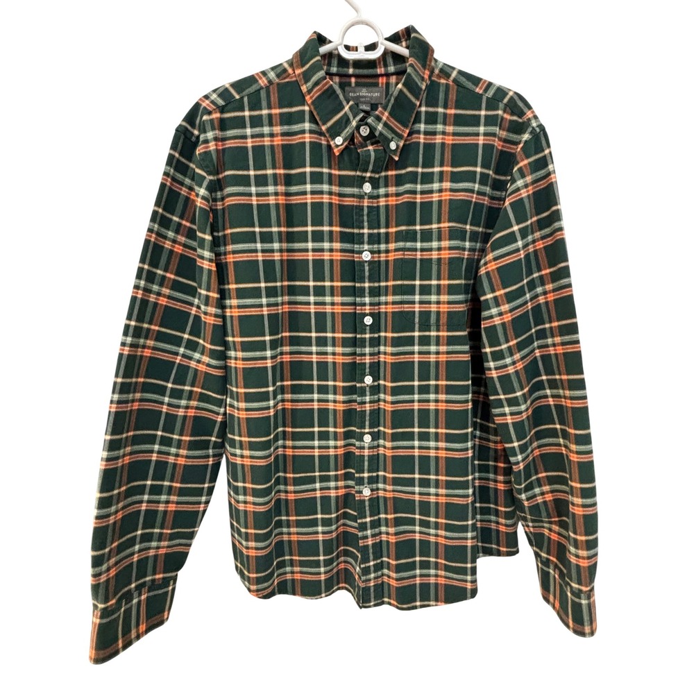 LL Bean Signature Slim Fit Flannel Shirt Mens Large Green Orange Plaid 300556